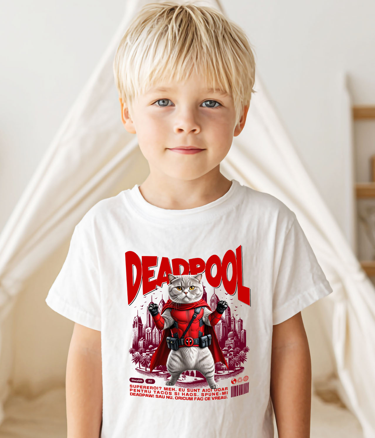 Tricou Femei, Barbati, Copii, Fata, Baiat, Unisex Personalizat Scottish Fold în Costum Deadpool – Pisică Supererou Amuzantă pentru Iubitorii de Animale [2]