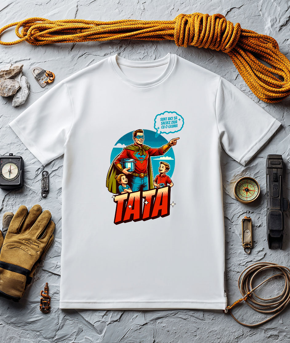 Tricou Femei, Barbati, Copii, Fata, Baiat, Unisex Personalizat Bărbat În Costum De Super Erou Cu Glumă – Cadou Personalizat „Sunt Aici Ca Să Salvez Ziua Cu O Glumă Tata” [2]