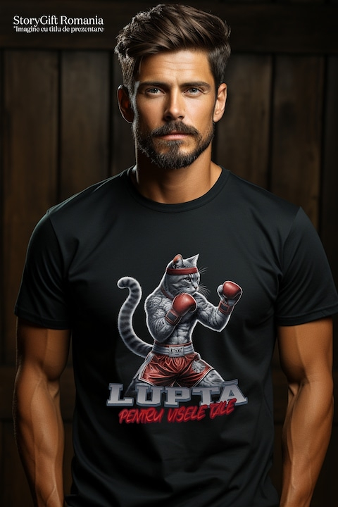 Tricou Barbati Pisica box mesaj motivational lupt pentru vise cu imprimeu pe Fata, 100% Bumbac, Negru, XS [2]