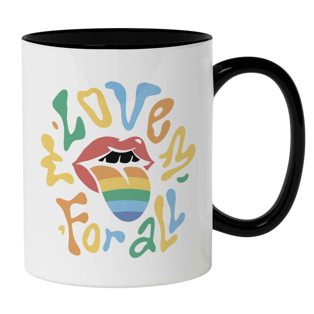 Cana Cu Buze Rosii, Gura Deschisa Limba Multicolor, Text In Engleza Love For all, Iubitorii De Diversitate, 330 ml, Maner Negru [1]