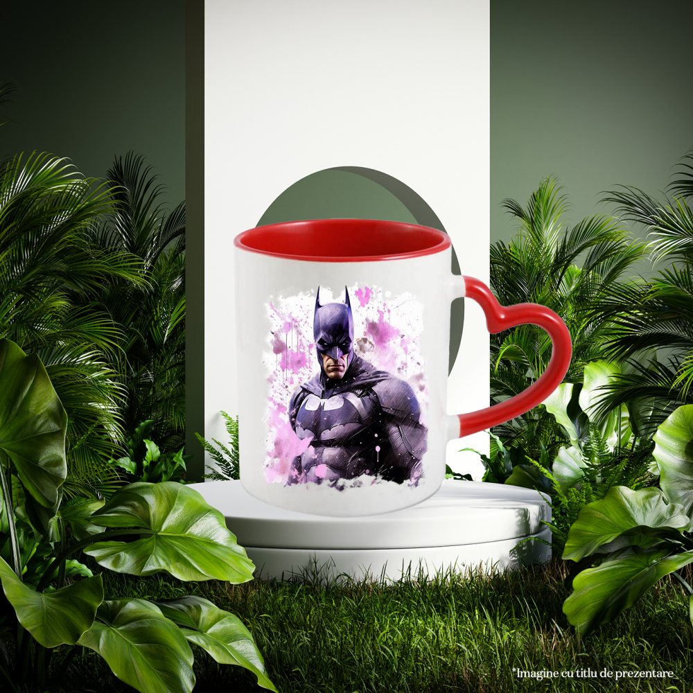 Cana Cu Batman, Ilustratie, Supererou, DC, Bruce Wayne, Vopsea, Multicolor 330 ml, Ceramica cu Maner Inima Rosie [3]