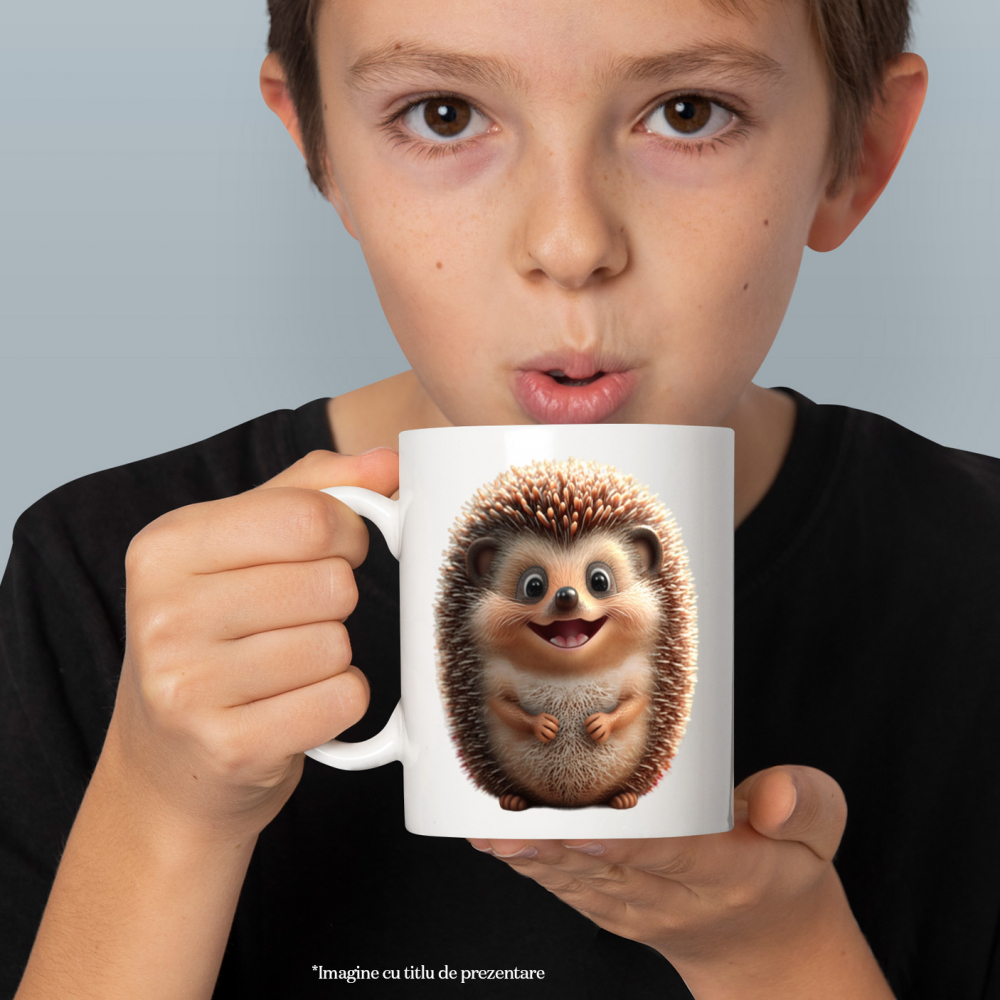 Cana cu Portret Arici Dragut, Fericit, Zambaret, Maroniu, Iubitori de Animalute,Ceramica, 330ml, cu Maner Alb [2]