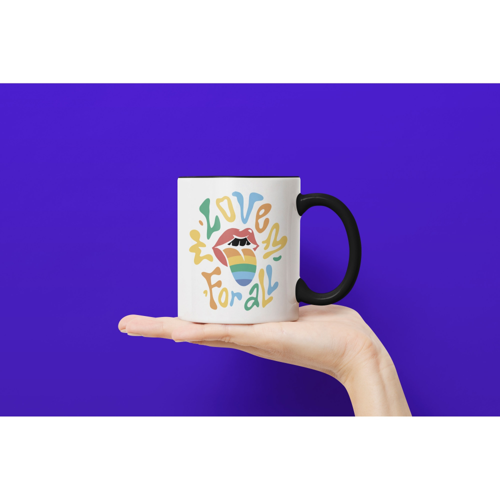 Cana Cu Buze Rosii, Gura Deschisa Limba Multicolor, Text In Engleza Love For all, Iubitorii De Diversitate, 330 ml, Maner Negru [2]