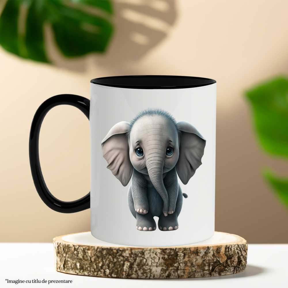 Cana cu Portret Elefant Realist, Dragut, Micut, Gri, Trompe de Elefanti, Ochii Albastri, Elefant, Iubitori de Animale,Ceramica, 330ml, cu Maner Negru [3]