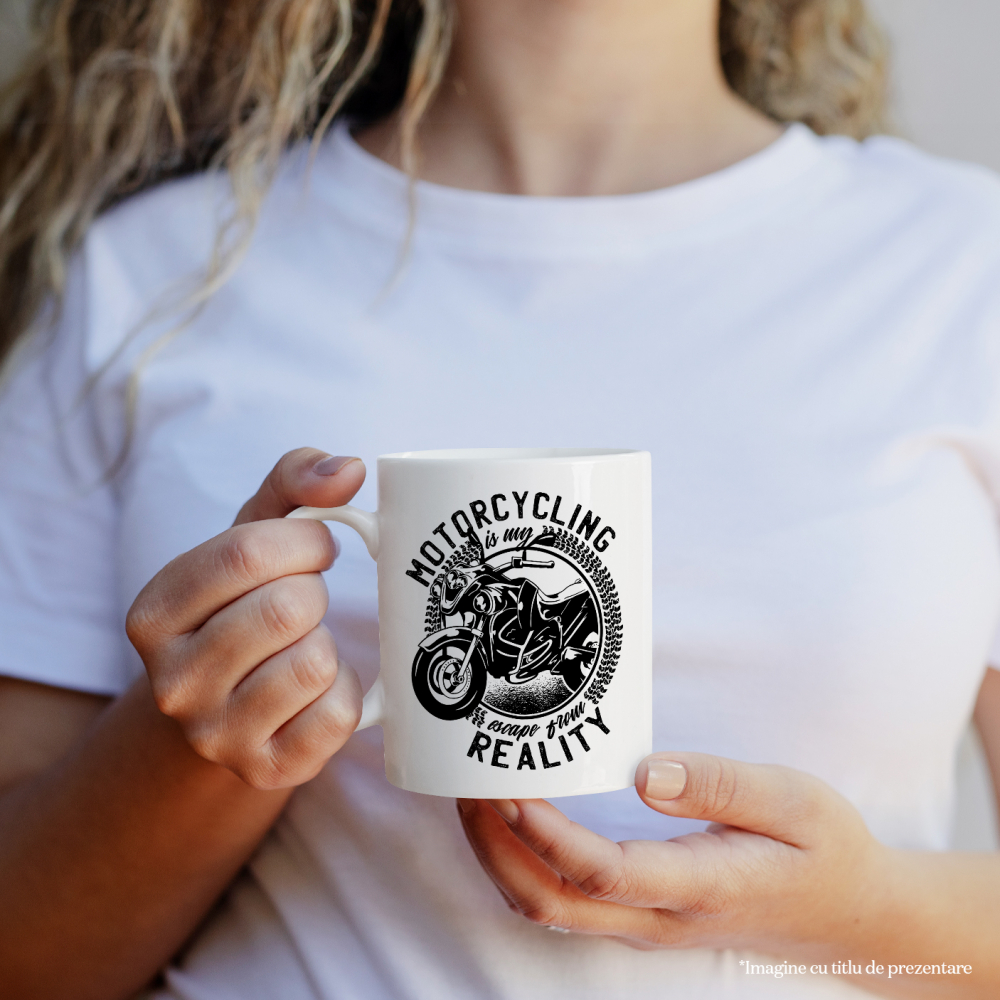 Cana Cu Mesaj Motorcycling Is My Escape From Reality, Motocicleta, Alb Negru 330 ml, Ceramica cu Maner Alb [3]