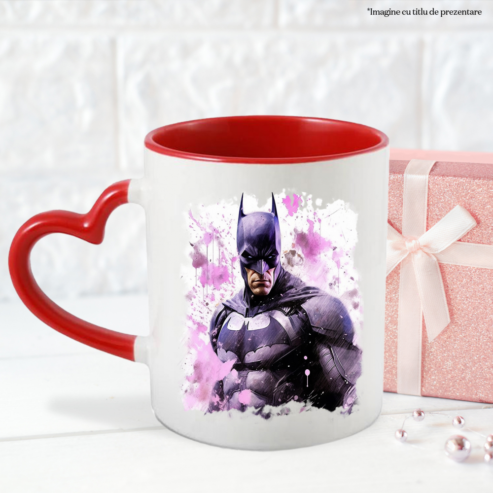 Cana Cu Batman, Ilustratie, Supererou, DC, Bruce Wayne, Vopsea, Multicolor 330 ml, Ceramica cu Maner Inima Rosie [2]