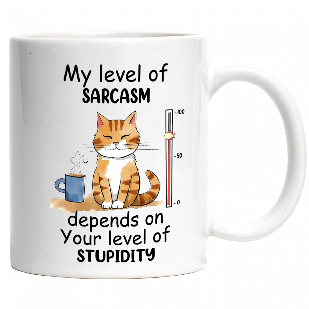 Cana cu pisica cu mesajul "My level of sarcasm depends on your level of stupidity", ilustratie, nivel, depinde, cafea cu Maner Alb [1]