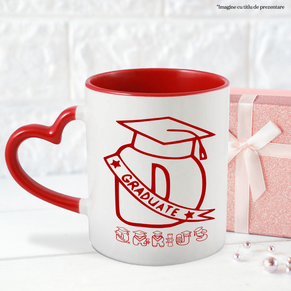 Cana Absolvire, Scoala, Palarie toca, Text Nume Personalizat, Copii, Culoare Rosu, Cu Litera, 330ML, Ceramica, Cu Maner Inima Rosie si Interior Rosu [3]