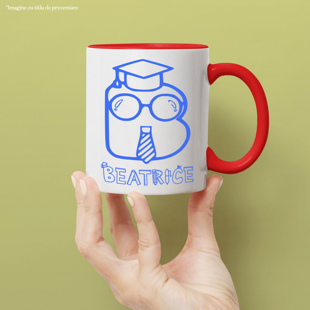 Cana Absolvire scoala, Toca Educatie, Text Nume Personalizat, copii, Culoare Albastru, Cu Litera, 330ML, Ceramica, Cu Maner si Interior Rosu [2]