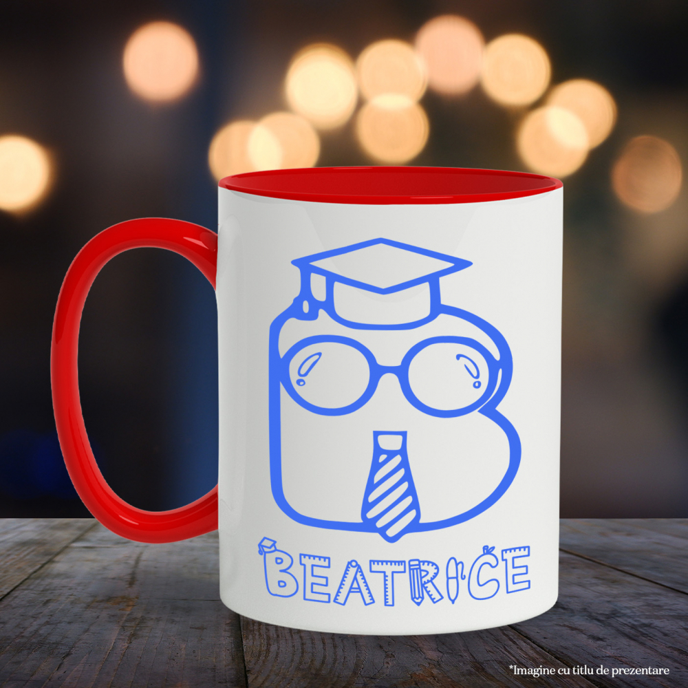 Cana Absolvire scoala, Toca Educatie, Text Nume Personalizat, copii, Culoare Albastru, Cu Litera, 330ML, Ceramica, Cu Maner si Interior Rosu [3]