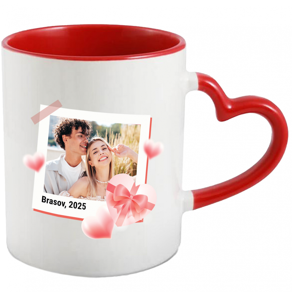 Cana Amintire Romantica, Cadou Valentine's Day, Cuplu Fericit, Text Personalizat cu Maner Inima Rosie si Interior Rosu [1]