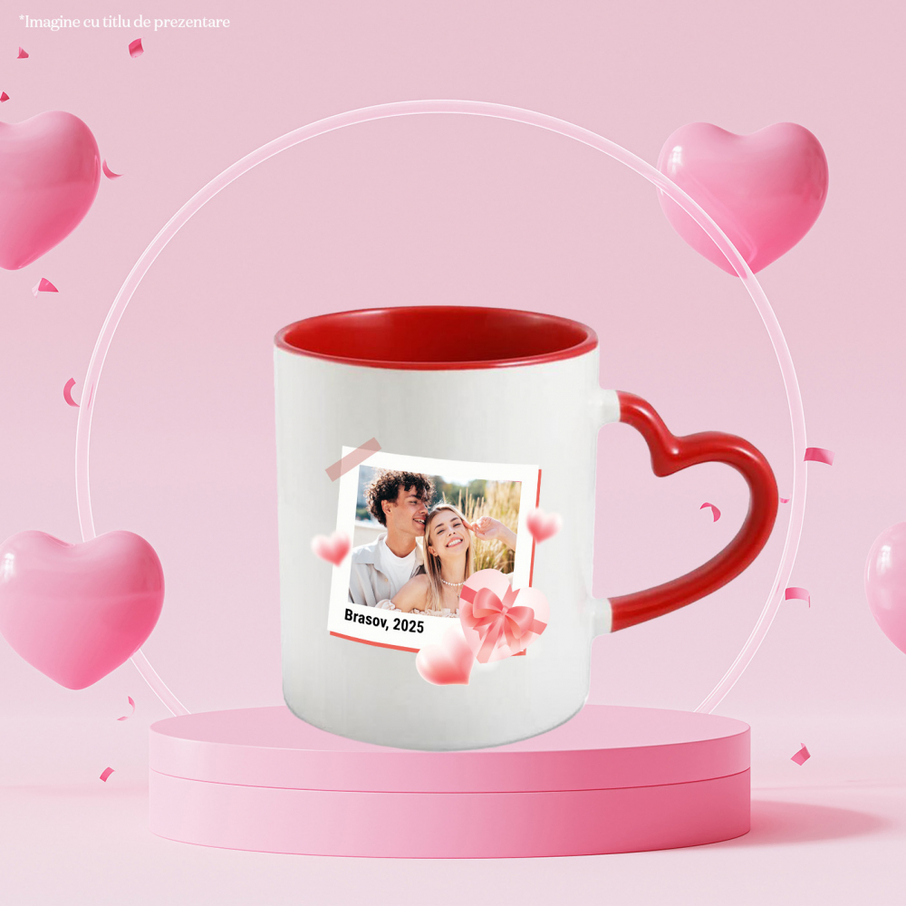 Cana Amintire Romantica, Cadou Valentine's Day, Cuplu Fericit, Text Personalizat cu Maner Inima Rosie si Interior Rosu [2]