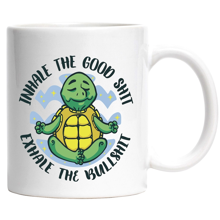Cana Broasca Testoasa Meditand, Cu Mesajul Amuzant in Engleza, Inhale the Good Sh*t, Exhale the BullSh*t, Ceramica , 330 ml, Multicolor cu maner Alb [1]