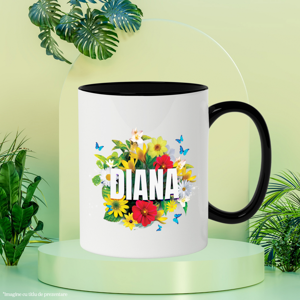 Cana Buchet De flori Colorate, Nume Diana, Arta Personalizata cu Maner si Interior Negru [3]