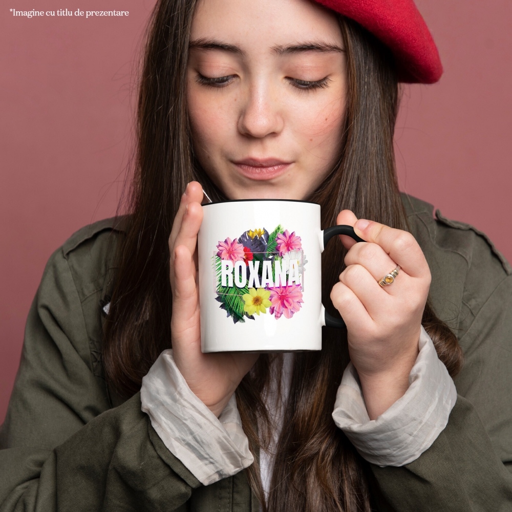 Cana Buchet De flori Colorate, Nume Roxana, Arta Personalizata cu Maner si Interior Negru [2]