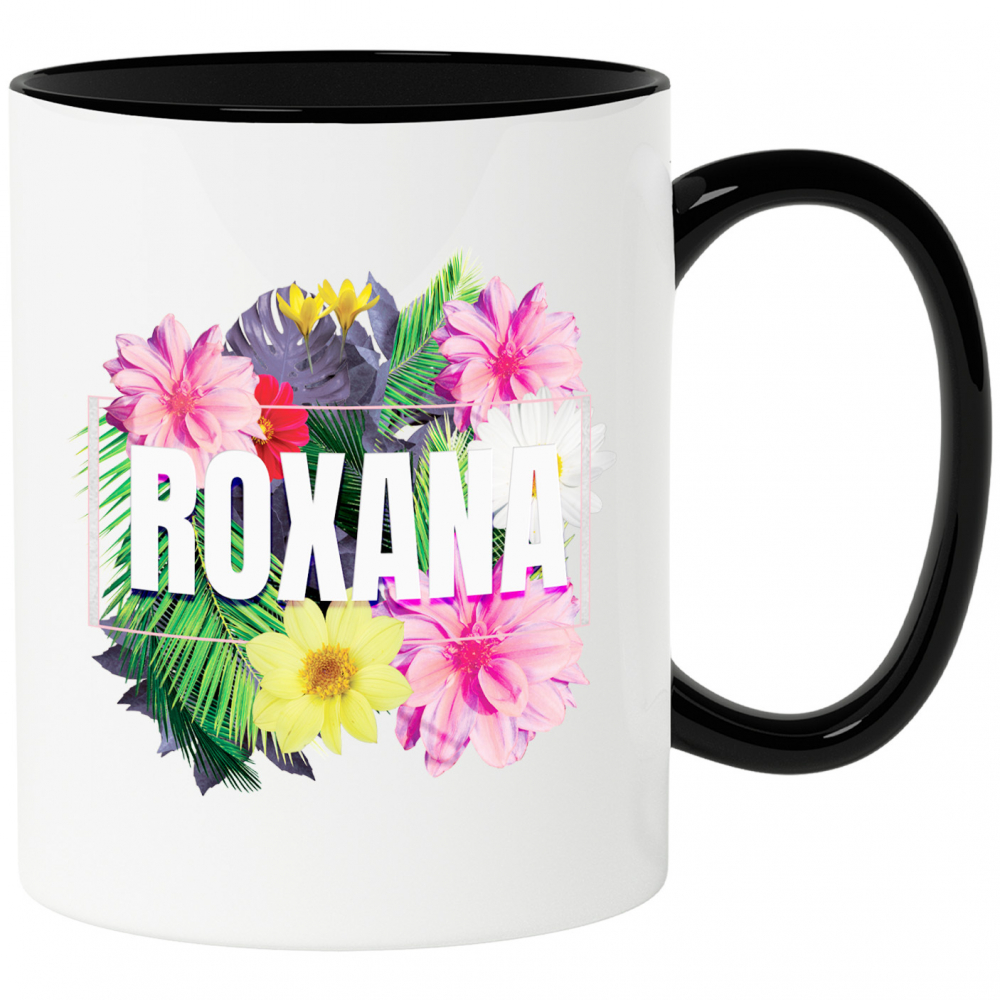 Cana Buchet De flori Colorate, Nume Roxana, Arta Personalizata cu Maner si Interior Negru [1]