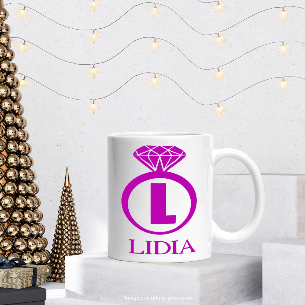 Cana Cerere casatorie, Inel Cu Diamant, Nunta, Text Nume Personalizat, Valentine's day, Culoare Mov, Cu Litera, 330ML, Ceramica, Cu Maner si Interior Alb [3]