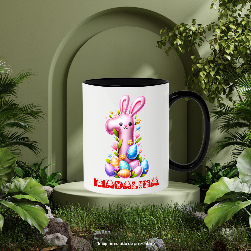 Cana Cifra Roz Copii, Paste, Oua Colorate, Iepure, Zi Aniversara, Nume Personalizat Varsta 1 cu Maner si Interior Negru [3]