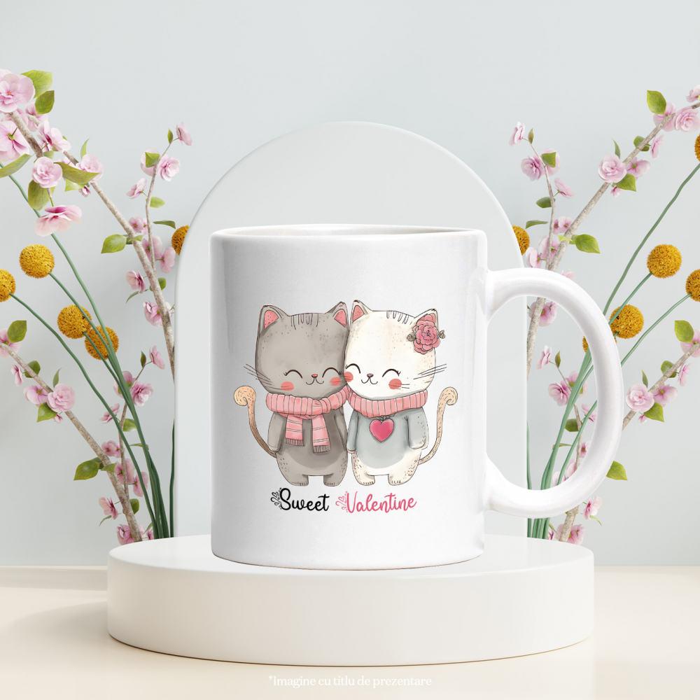 Cana cu 2 pisicute imbujorate si apropiate cu mesajul "Sweet Valentine", trandafir, inima, dulce, ilustratie, Valentine's Day, iubire cu Maner Alb [3]