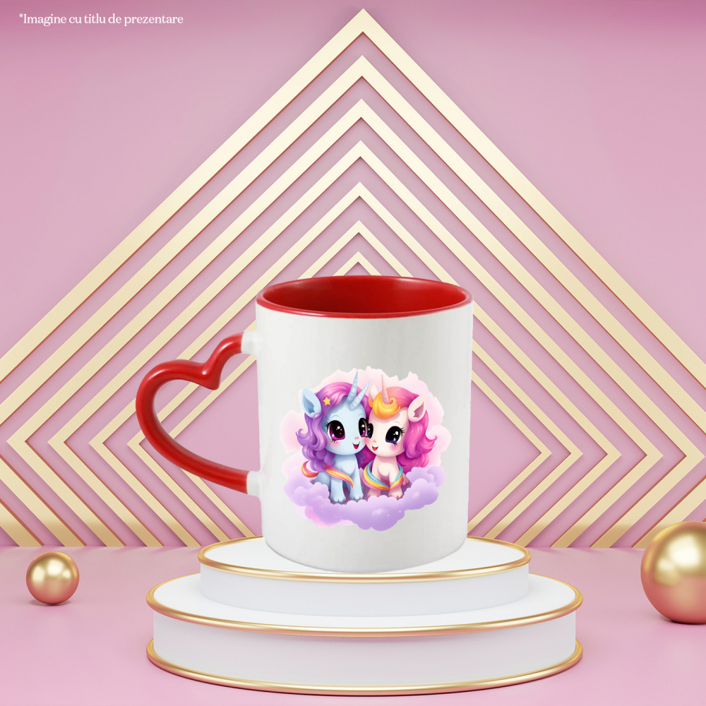 Cana cu 2 unicorni veseli | ilustratie | norisori | fericire | ochi sclipitori | se uita unul la celalalt | 330ml | Ceramica cu Maner Inima Rosie [3]