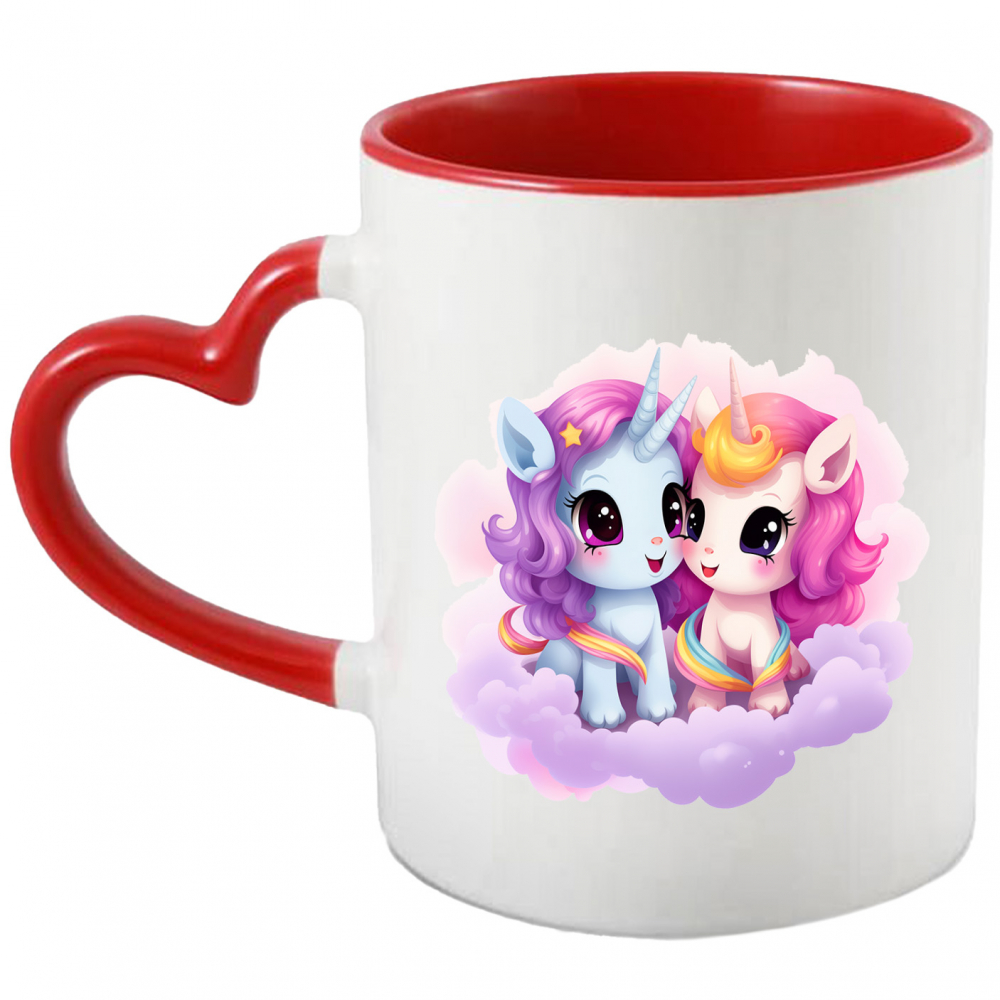 Cana cu 2 unicorni veseli | ilustratie | norisori | fericire | ochi sclipitori | se uita unul la celalalt | 330ml | Ceramica cu Maner Inima Rosie [1]