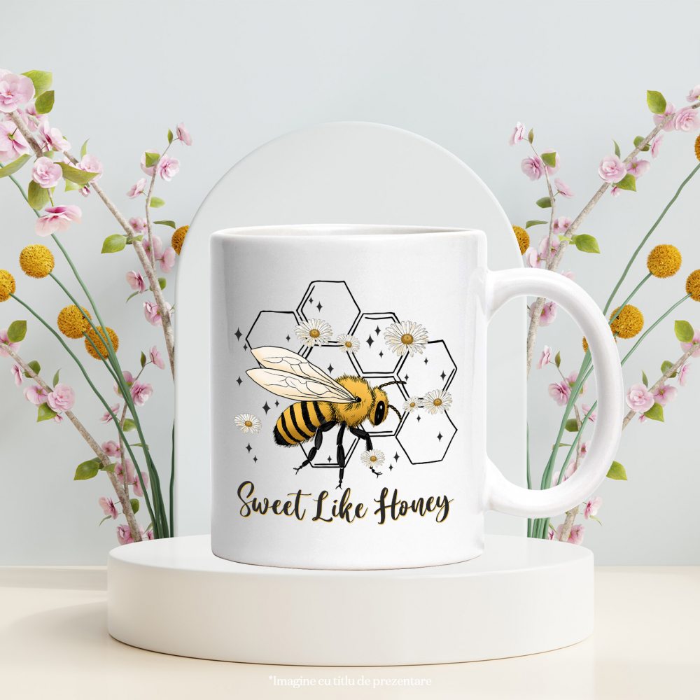 Cana cu albina si cu floricele albe cu mesajul "Sweet like honey", dulce ca mierea, fagure pe fundal, plante, insecta, ilustratie cu Maner Alb [3]