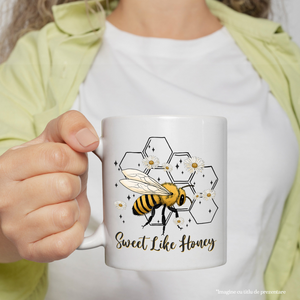 Cana cu albina si cu floricele albe cu mesajul "Sweet like honey", dulce ca mierea, fagure pe fundal, plante, insecta, ilustratie cu Maner Alb [2]