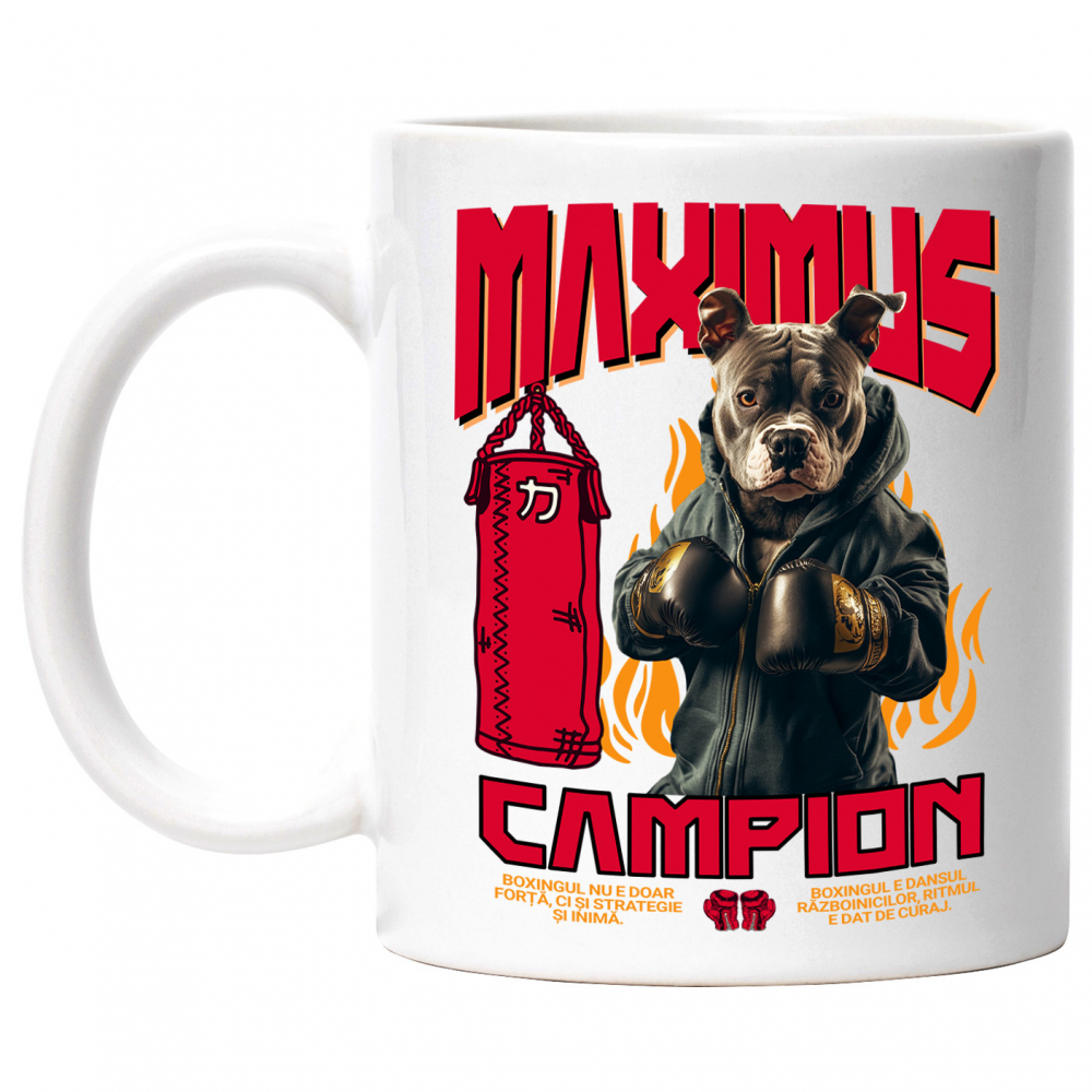 Cana cu Animal Boxer In Hanorac, Sac de Box, Flacari, Peronalizata cu Numele si Poza Animalului Tau cu Maner Alb [1]