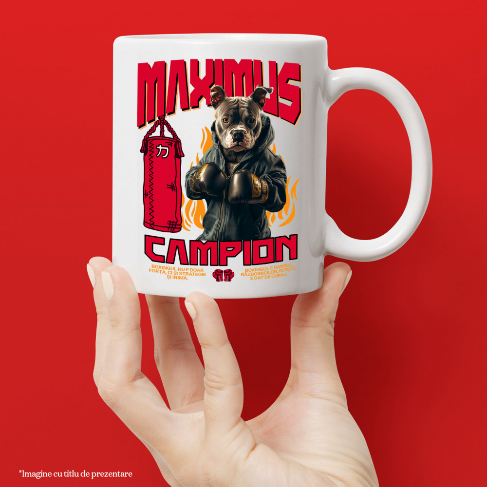 Cana cu Animal Boxer In Hanorac, Sac de Box, Flacari, Peronalizata cu Numele si Poza Animalului Tau cu Maner Alb [4]