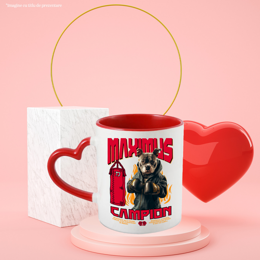 Cana cu Animal Boxer In Hanorac, Sac de Box, Flacari, Peronalizata cu Numele si Poza Animalului Tau cu Maner Inima Rosie [6]