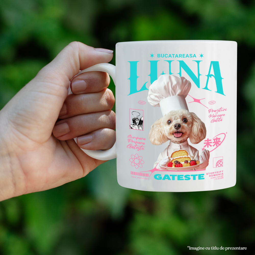 Cana cu Animal Bucatar, Cofetar, Patiser, Peronalizata cu Numele si Poza Animalului Tau cu Maner Alb [4]
