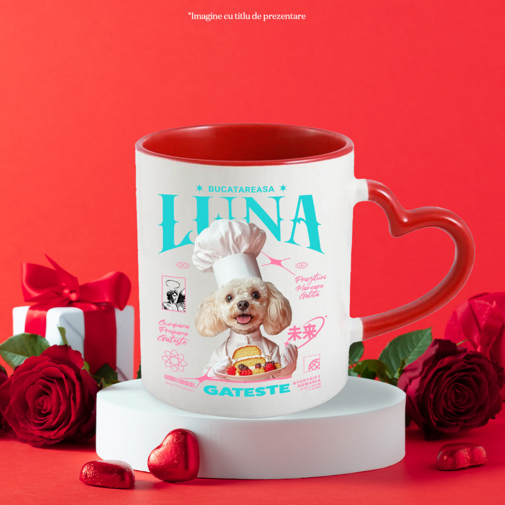 Cana cu Animal Bucatar, Cofetar, Patiser, Peronalizata cu Numele si Poza Animalului Tau cu Maner Inima Rosie [6]