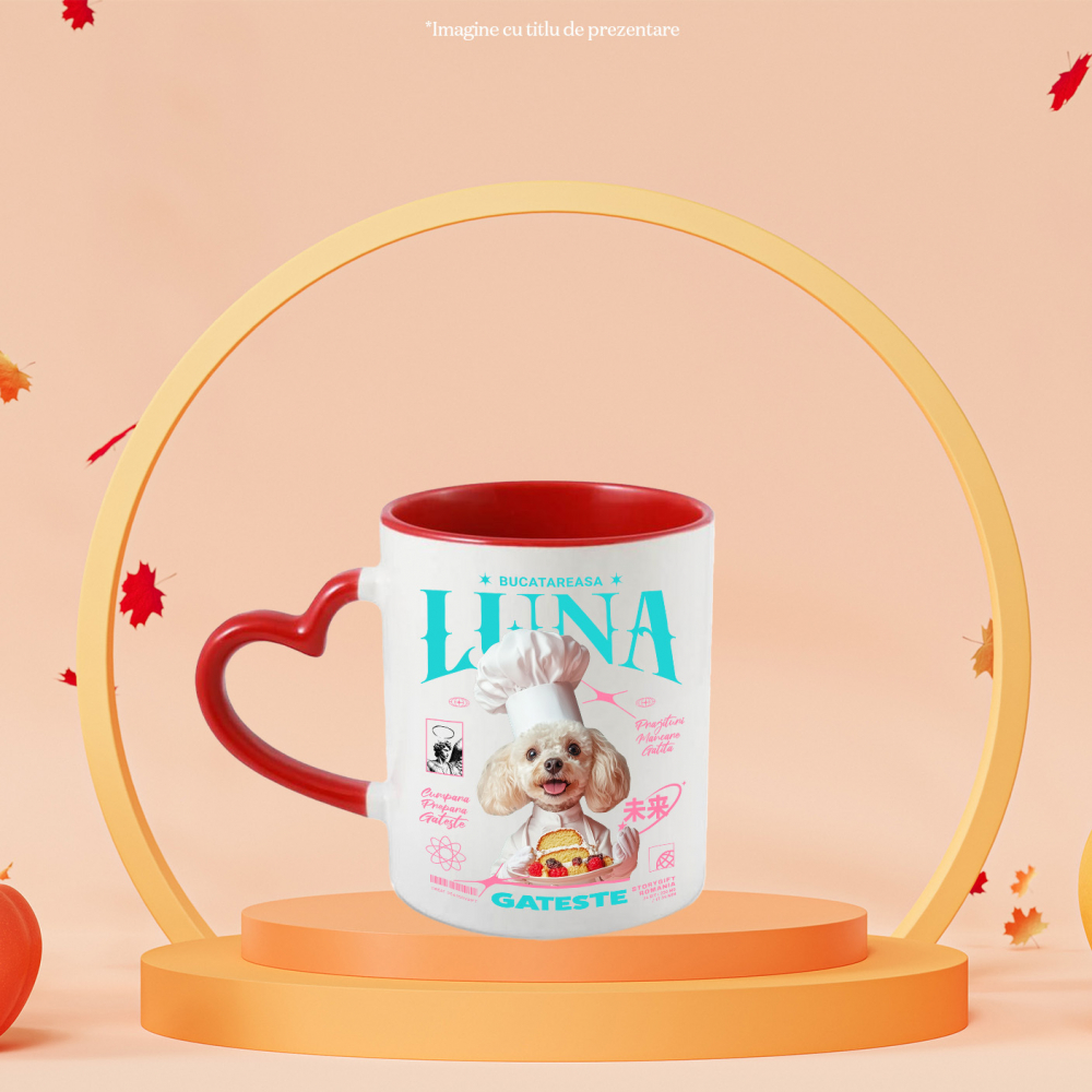 Cana cu Animal Bucatar, Cofetar, Patiser, Peronalizata cu Numele si Poza Animalului Tau cu Maner Inima Rosie [4]
