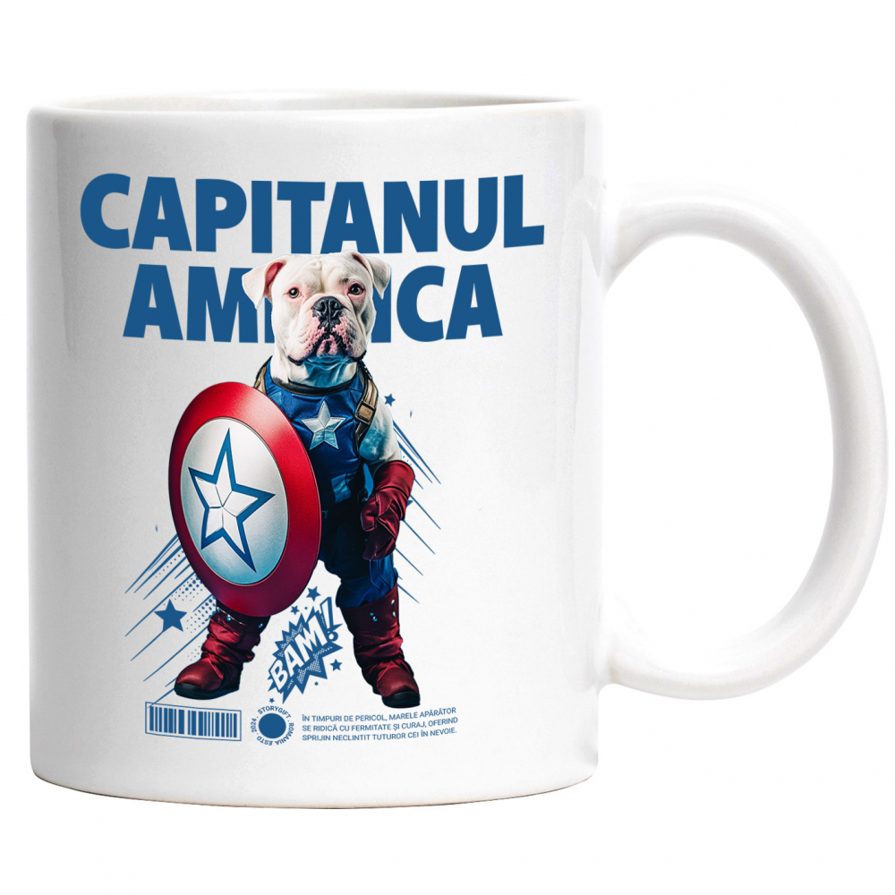 Cana cu Animal Capitanul America, Peronalizata cu Numele si Poza Animalului Tau cu Maner Alb [1]