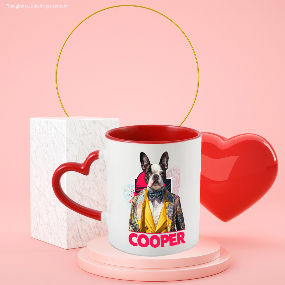 Cana cu Animal Designer de Moda, Costum Colorat, Peronalizata cu Numele si Poza Animalului Tau cu Maner Inima Rosie [6]