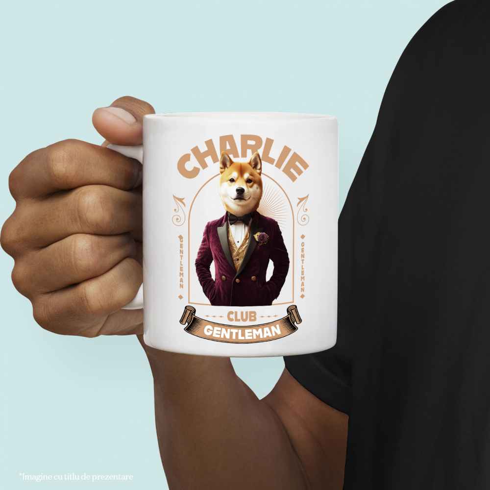 Cana cu Animal Gentleman in Costum, Camasa, Papion si Floare Trandfir, Peronalizata cu Numele si Poza Animalului Tau cu Maner Alb [4]