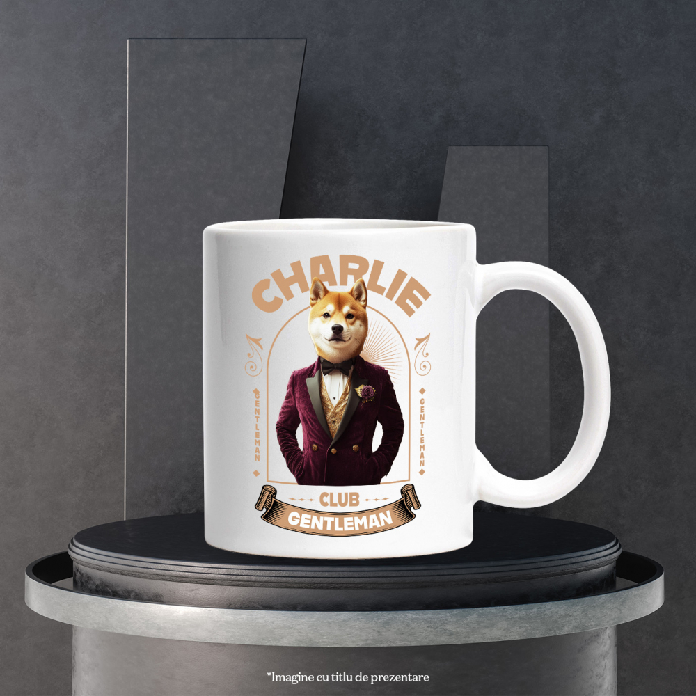 Cana cu Animal Gentleman in Costum, Camasa, Papion si Floare Trandfir, Peronalizata cu Numele si Poza Animalului Tau cu Maner Alb [6]