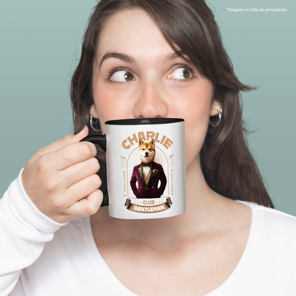 Cana cu Animal Gentleman in Costum, Camasa, Papion si Floare Trandfir, Peronalizata cu Numele si Poza Animalului Tau cu Maner Negru [4]