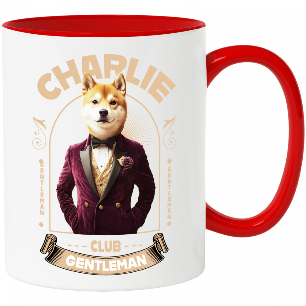 Cana cu Animal Gentleman in Costum, Camasa, Papion si Floare Trandfir, Peronalizata cu Numele si Poza Animalului Tau cu Maner Rosu [1]