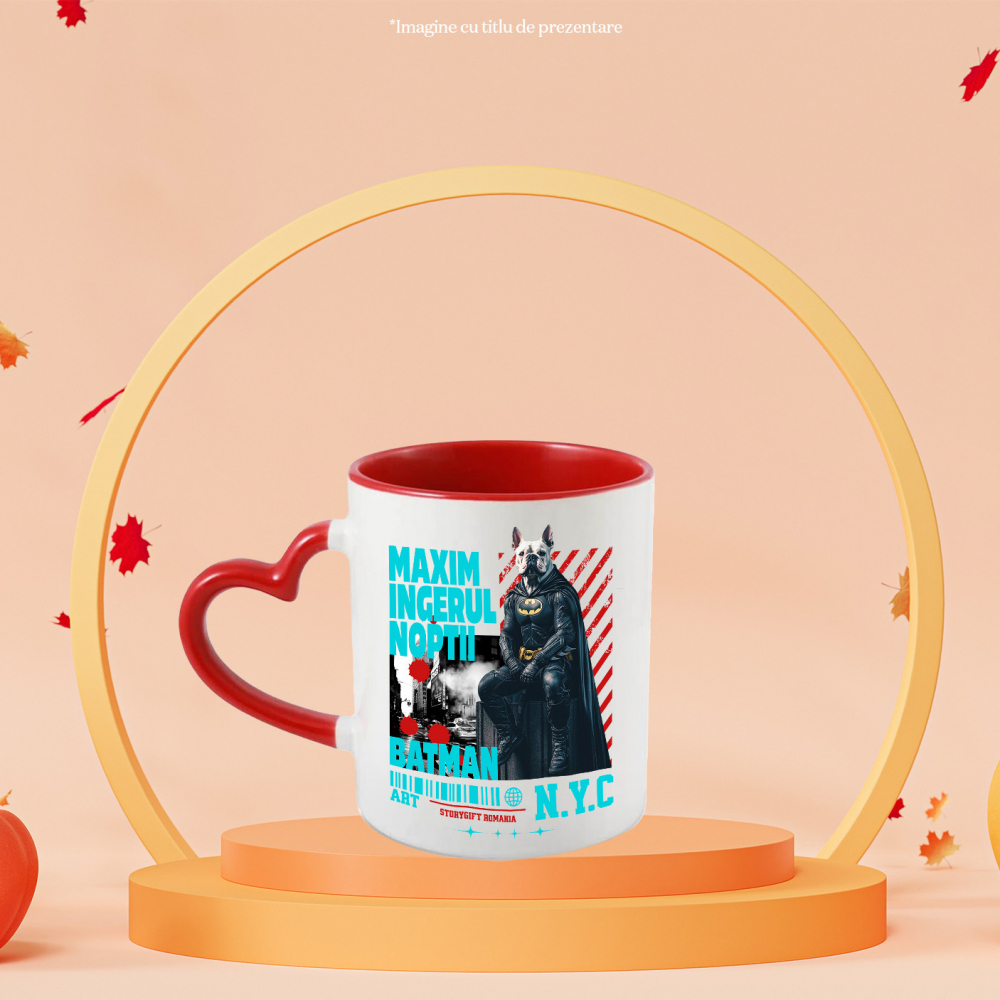 Cana cu Animal In Costum de Batman pe Strazile din New York City, Peronalizata cu Numele si Poza Animalului Tau cu Maner Inima Rosie [4]