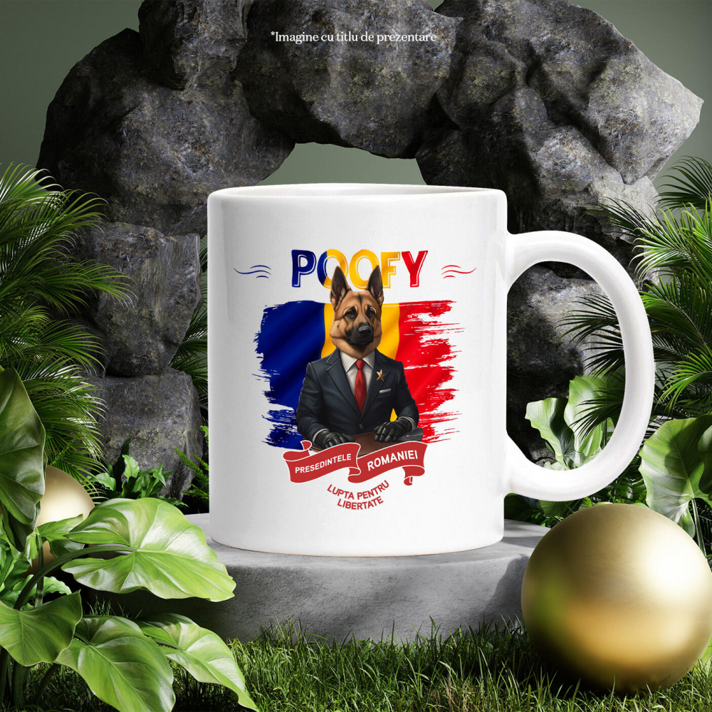 Cana cu Animal In Costum de Presedinte, Steagul Romaniei, Peronalizata cu Numele si Poza Animalului Tau cu Maner Alb [6]