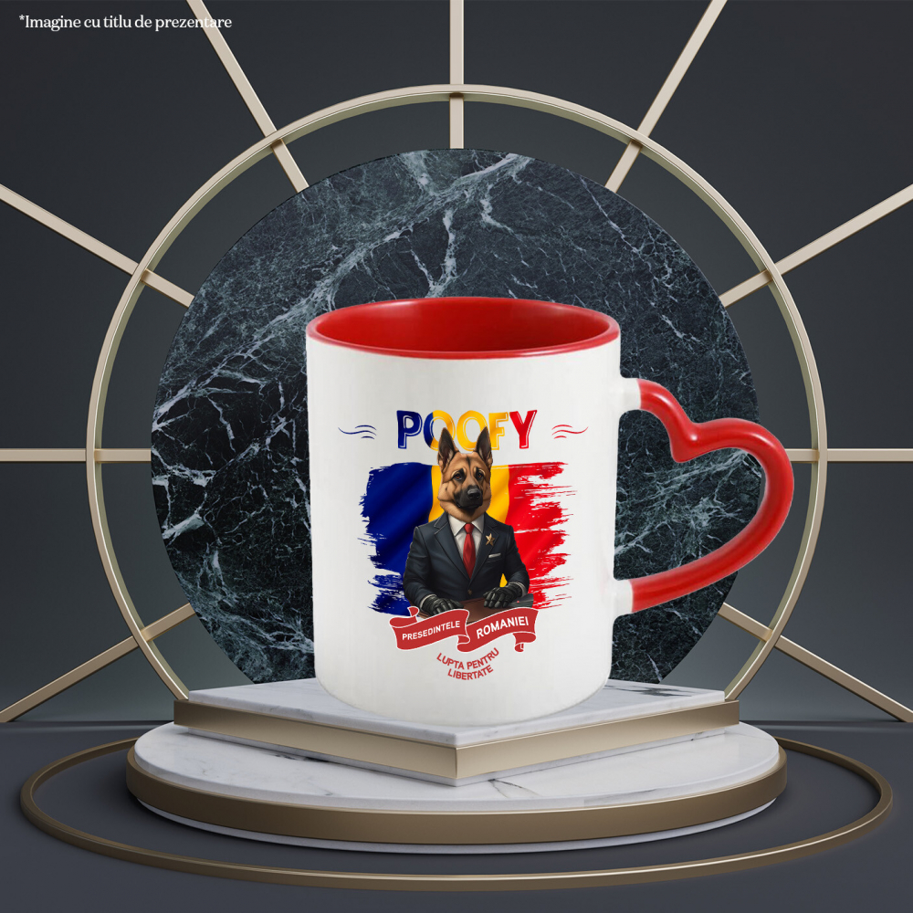 Cana cu Animal In Costum de Presedinte, Steagul Romaniei, Peronalizata cu Numele si Poza Animalului Tau cu Maner Inima Rosie [4]