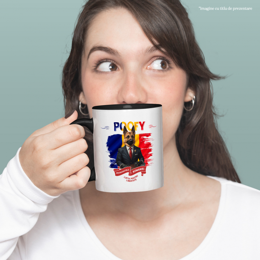 Cana cu Animal In Costum de Presedinte, Steagul Romaniei, Peronalizata cu Numele si Poza Animalului Tau cu Maner Negru [4]