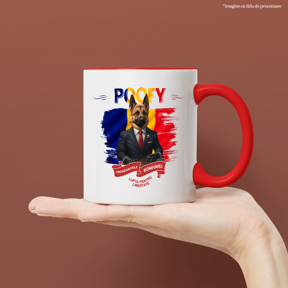 Cana cu Animal In Costum de Presedinte, Steagul Romaniei, Peronalizata cu Numele si Poza Animalului Tau cu Maner Rosu [4]