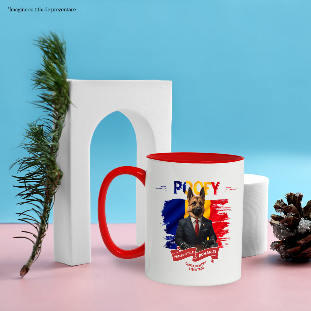Cana cu Animal In Costum de Presedinte, Steagul Romaniei, Peronalizata cu Numele si Poza Animalului Tau cu Maner Rosu [6]