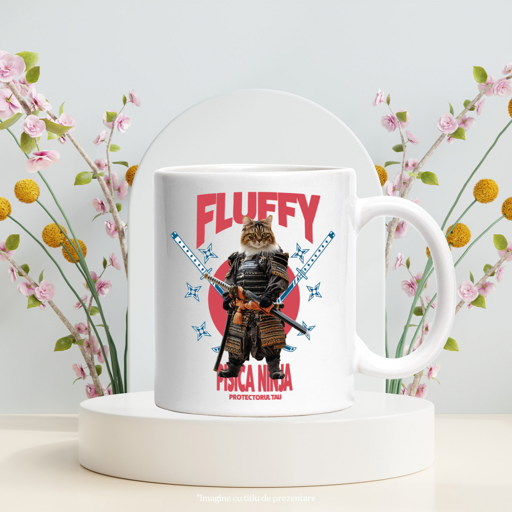 Cana cu Animal In Costum de Samurai cu Sabie, Peronalizata cu Numele si Poza Animalului Tau cu Maner Alb [6]