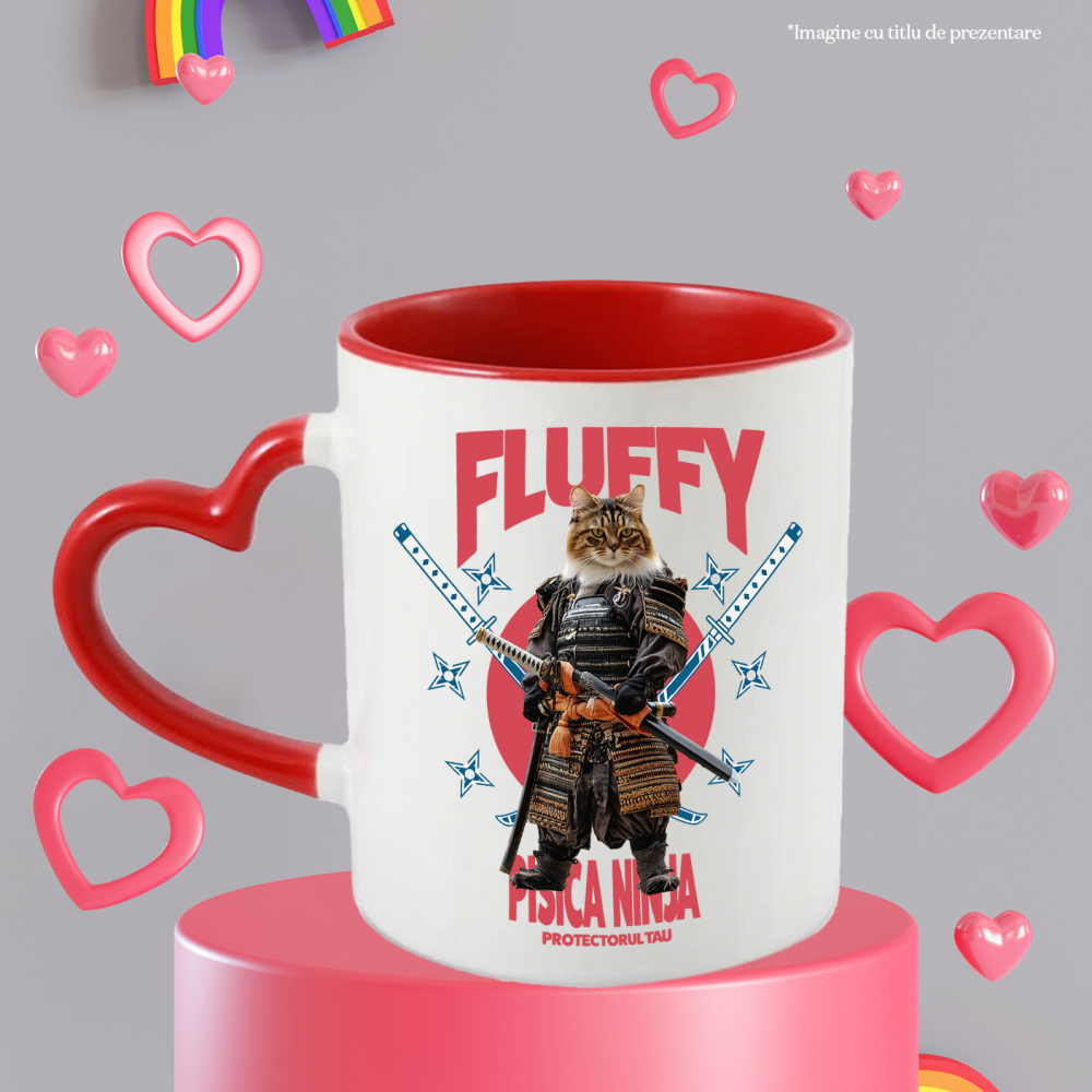 Cana cu Animal In Costum de Samurai cu Sabie, Peronalizata cu Numele si Poza Animalului Tau cu Maner Inima Rosie [6]