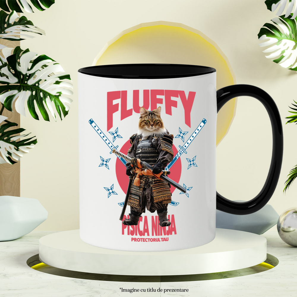 Cana cu Animal In Costum de Samurai cu Sabie, Peronalizata cu Numele si Poza Animalului Tau cu Maner Negru [6]