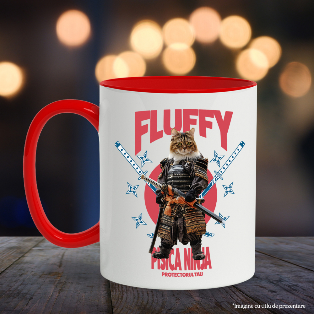 Cana cu Animal In Costum de Samurai cu Sabie, Peronalizata cu Numele si Poza Animalului Tau cu Maner Rosu [6]