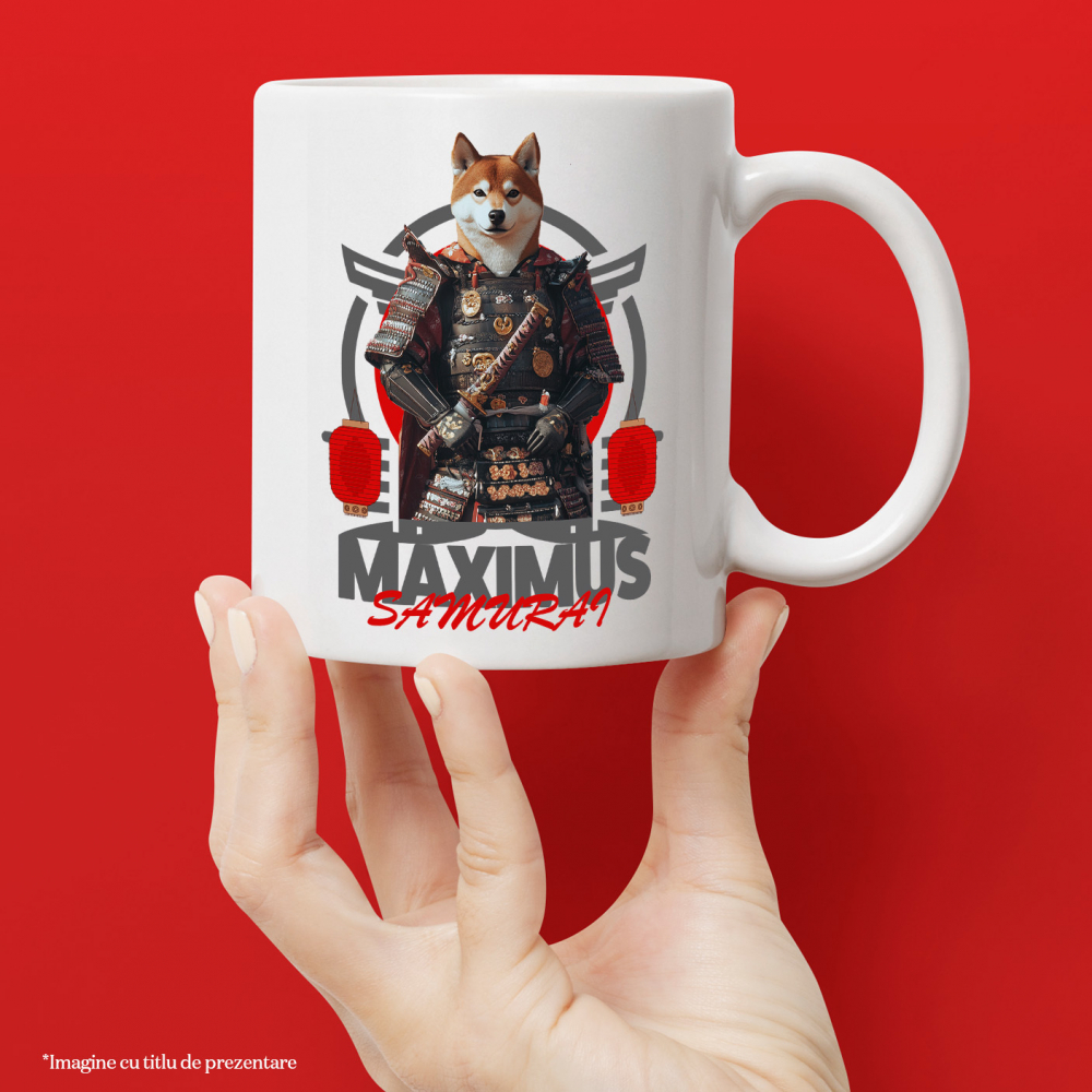 Cana cu Animal In Costum de Samurai, Peronalizata cu Numele si Poza Animalului Tau cu Maner Alb [4]